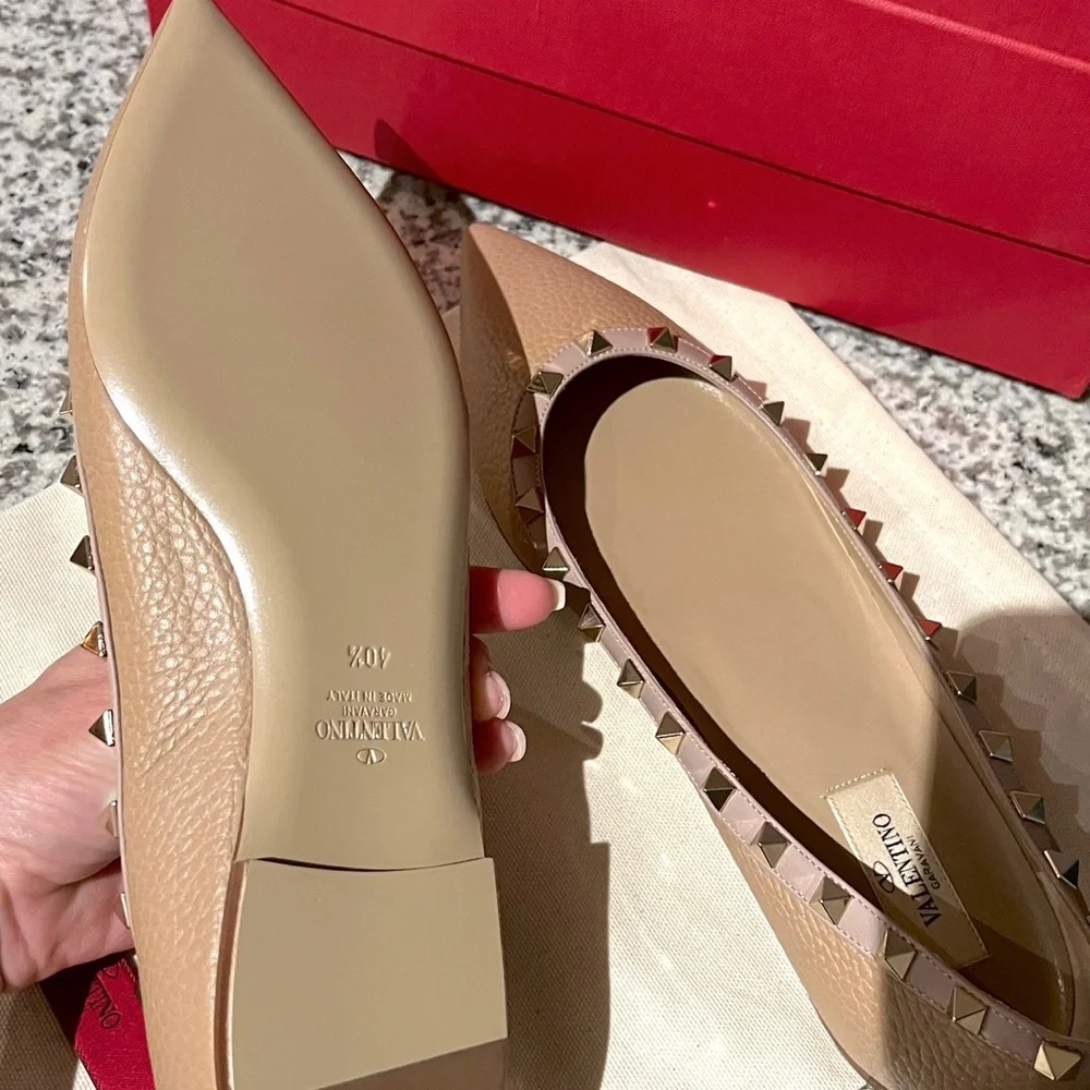 Valentino Garavani Nude Leather Rockstud Pointed Toe Flats with Pink Trim